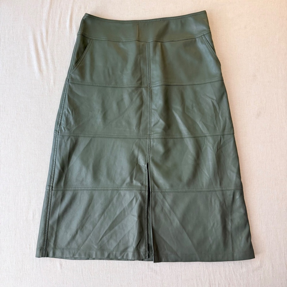 Cabi Kick It Skirt 4765 Size 10 Olive Faux Leather Midi Quiet Luxury